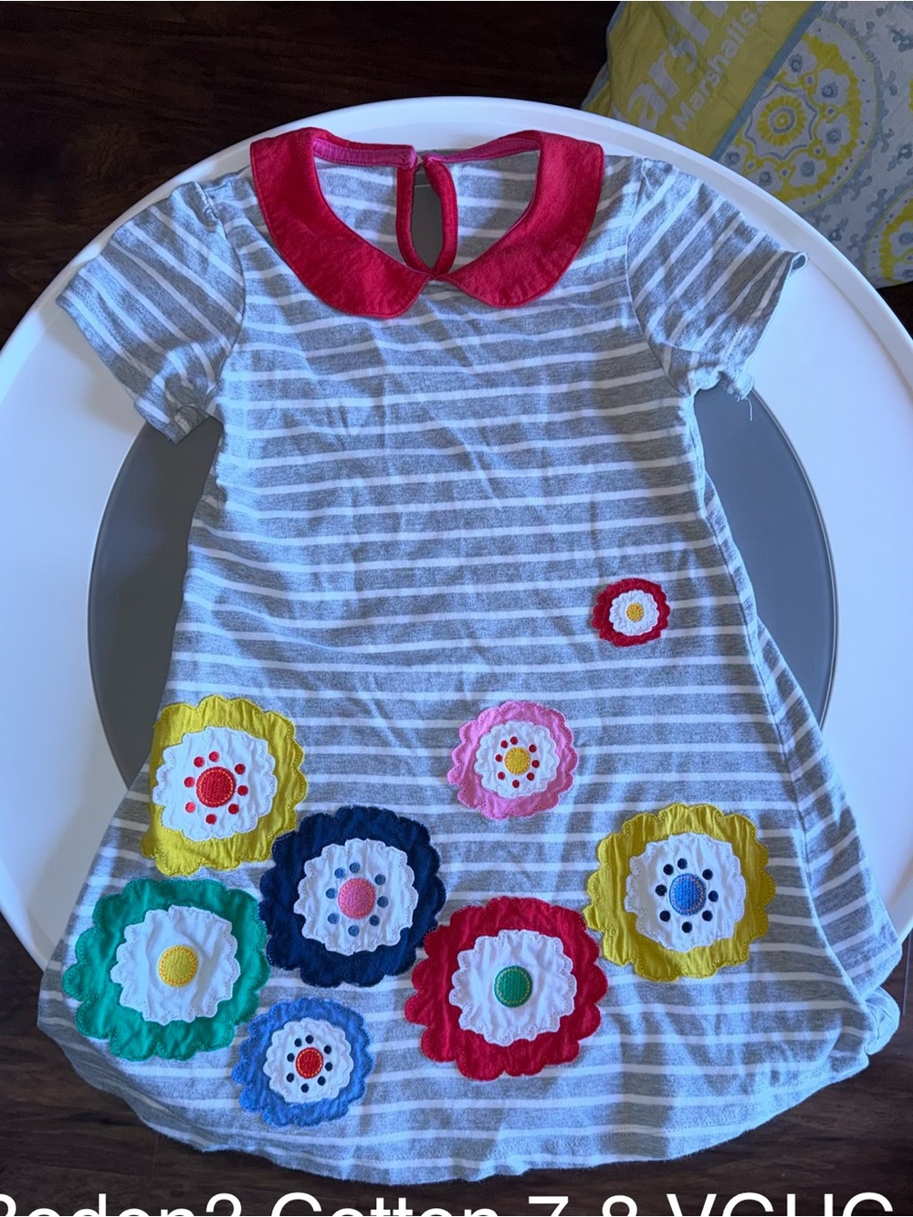 Cotton Striped Gray & White Dress with Red Collar and Colorful Flower Appliqués